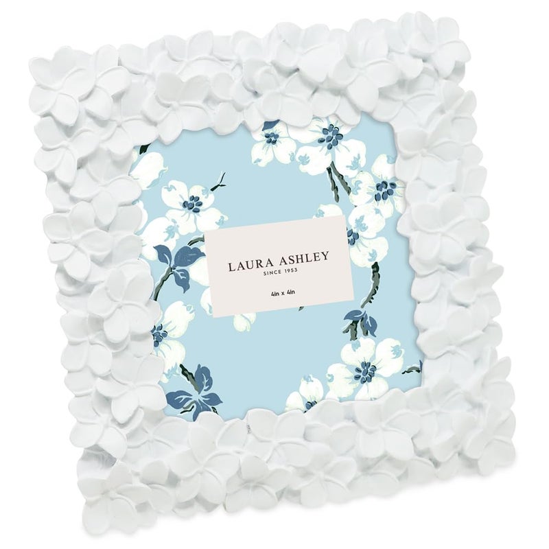 Laura Ashley 4x4 White Flower Textured HandCrafted Resin Picture Frame wEasel  Hook for Tabletop  Wall Display Decorative Floral Design Home Dcor Photo Gallery Art 4x4 White