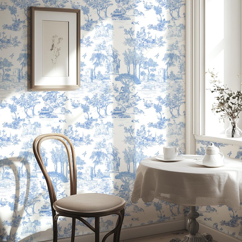 WENMER Toile Wallpaper 177 X 118 Blue and White Peel and Stick Wall Paper Toile de Jouy Wallpaper French Vintage Contact Paper for Bedroom Walls Backdrop Cabinet Home Decor