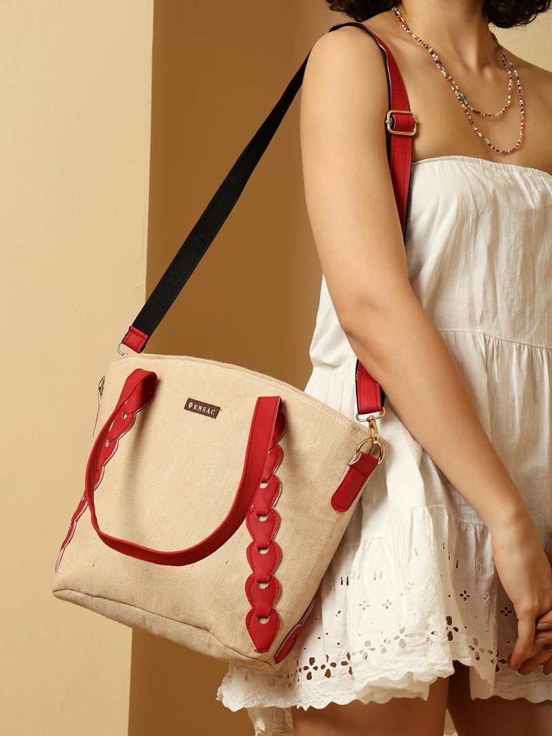 ENSAC Women’s Beige Tote Bag with Red Handles, Stylish Canvas Shoulder Bag for Office, College, Shopping & Travel | Large Capacity Everyday Handbag - Image 2