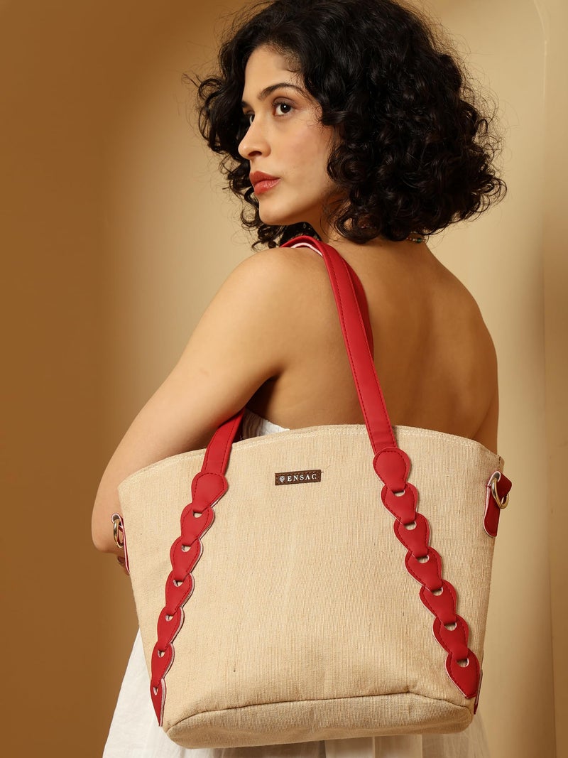ENSAC Women’s Beige Tote Bag with Red Handles, Stylish Canvas Shoulder Bag for Office, College, Shopping & Travel | Large Capacity Everyday Handbag - Image 5