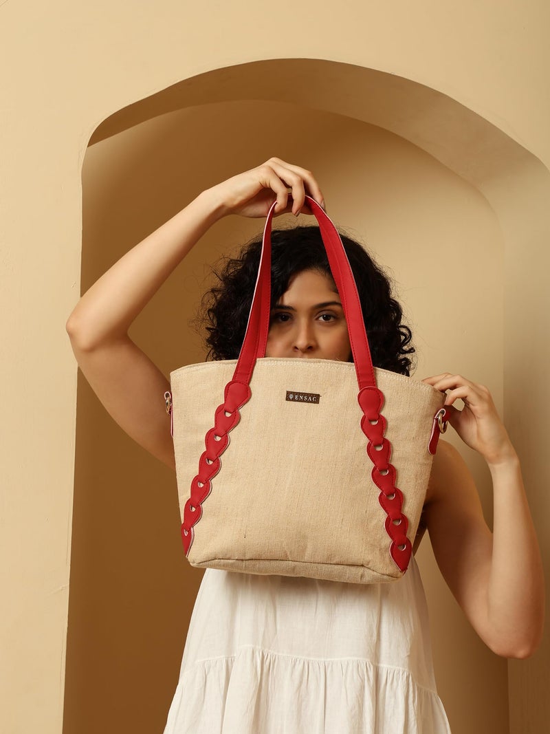 ENSAC Women’s Beige Tote Bag with Red Handles, Stylish Canvas Shoulder Bag for Office, College, Shopping & Travel | Large Capacity Everyday Handbag - Image 4