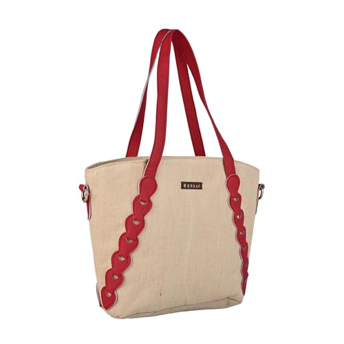 ENSAC Women’s Beige Tote Bag with Red Handles, Stylish Canvas Shoulder Bag for Office, College, Shopping & Travel | Large Capacity Everyday Handbag - Image 1