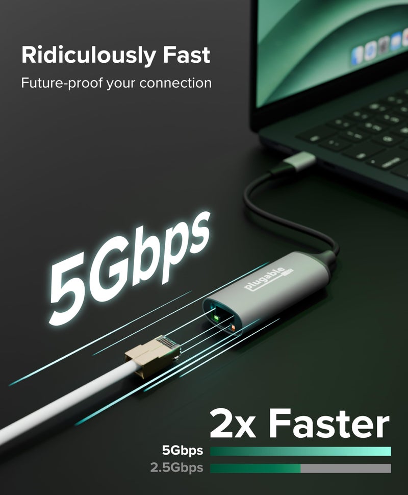 Plugable 5Gbps USB-C Ethernet Adapter | 5000Mbps Wired Network for Windows, macOS, and ChromeOS Laptops and Desktops | Realtek RTL8157 | Supports CAT6, CAT6a and CAT7 Cables (USBC-E5000) - Image 3