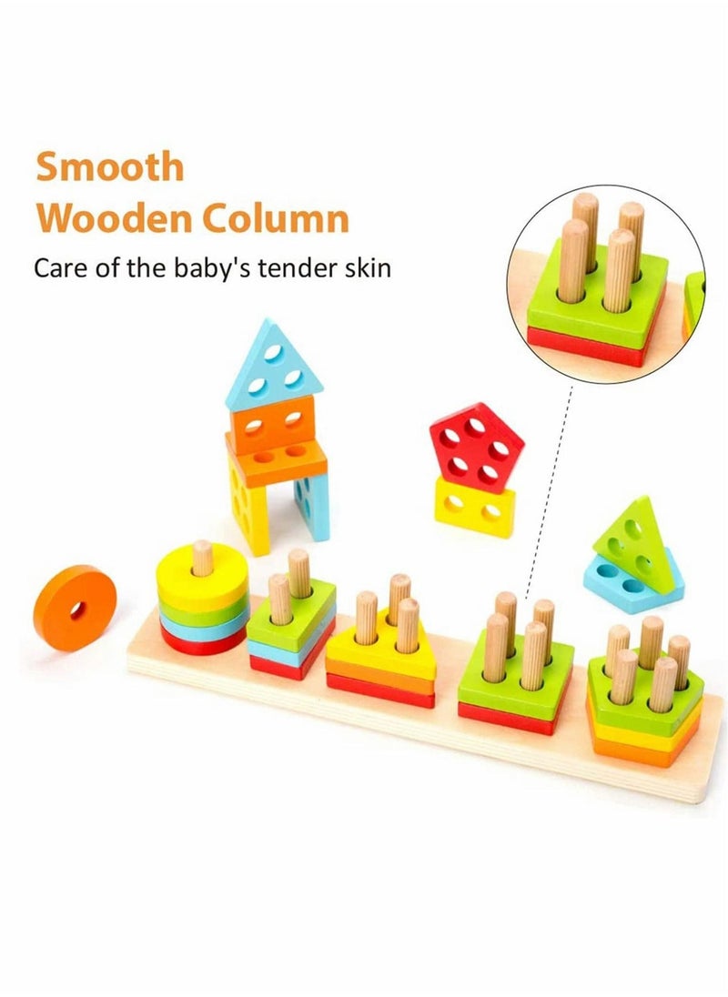 Wooden Sorting  Stacking Toy, Shape Sorter Toys for Toddlers, Montessori Color Recognition Stacker, Early Educational Block Puzzles for 1 2 3 Years Old Boys and Girls (5 Shapes) - Image 3