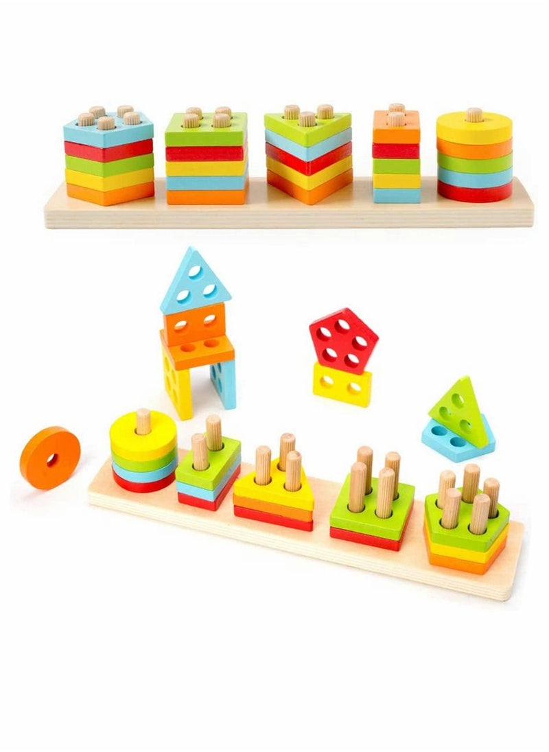 Wooden Sorting  Stacking Toy, Shape Sorter Toys for Toddlers, Montessori Color Recognition Stacker, Early Educational Block Puzzles for 1 2 3 Years Old Boys and Girls (5 Shapes) - Image 1