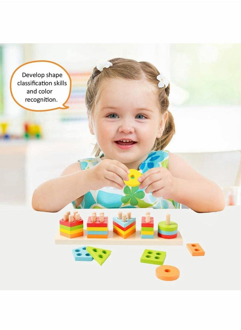 Wooden Sorting  Stacking Toy, Shape Sorter Toys for Toddlers, Montessori Color Recognition Stacker, Early Educational Block Puzzles for 1 2 3 Years Old Boys and Girls (5 Shapes) - Image 2