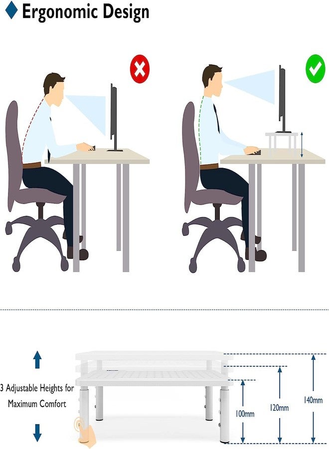 BONTEC 2 Pack 3 Height Adjustable Monitor Stand Riser with Pen Holder, Ergonomic Metal Laptop Stand with Cable Management, Desktop Stand for Computer, Printer, Monitor, Laptop (White, 14.5” x 9.1”) - Image 3