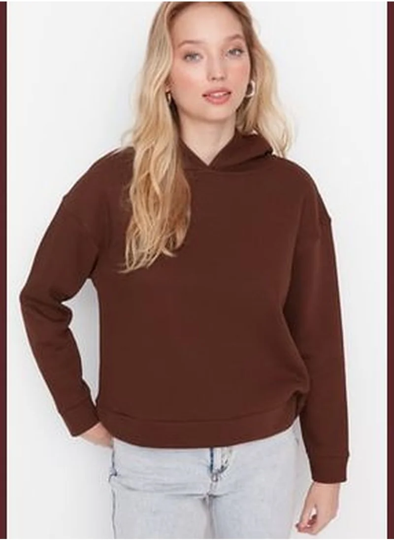 trendyol Brown Regular/Normal Wear Basic with a Hooded Fleece Inside Knitted Sweatshirt TWOAW23SW00004.