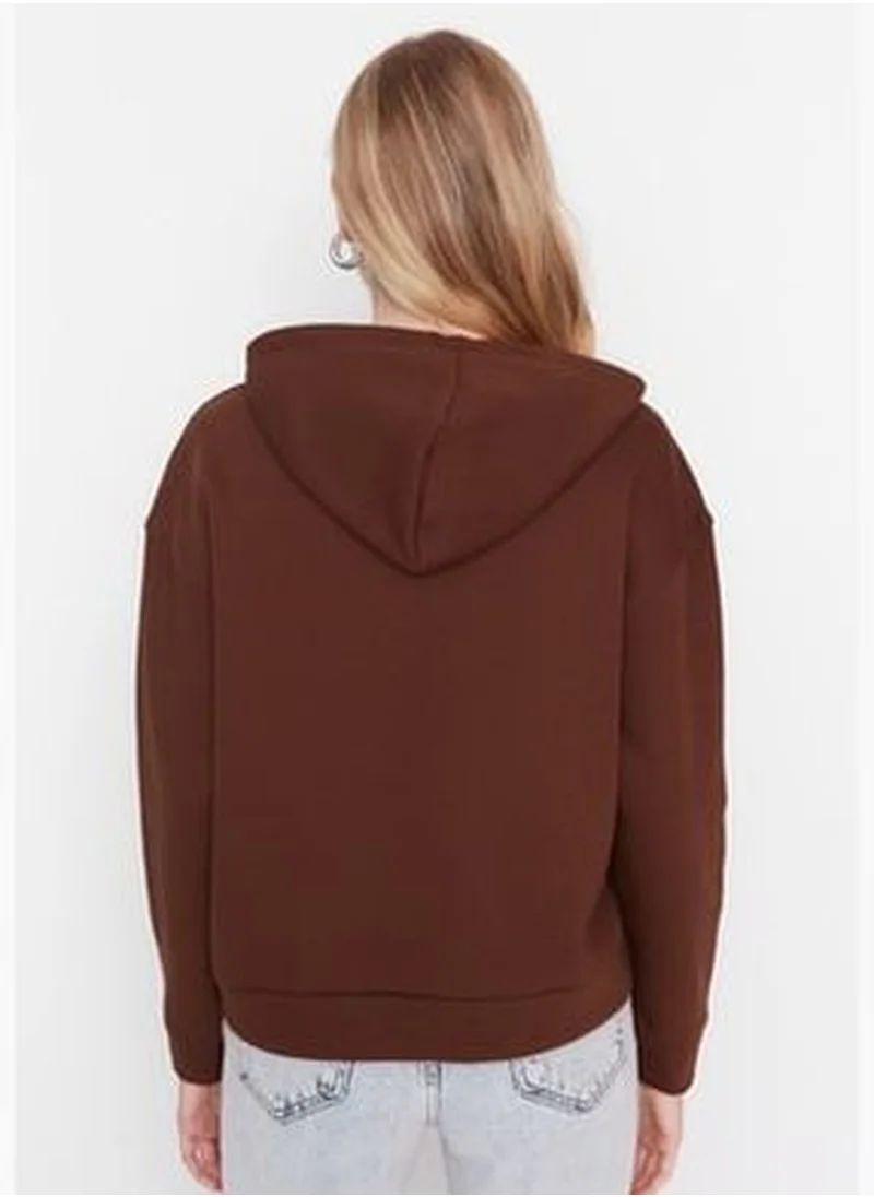 trendyol Brown Regular/Normal Wear Basic with a Hooded Fleece Inside Knitted Sweatshirt TWOAW23SW00004.