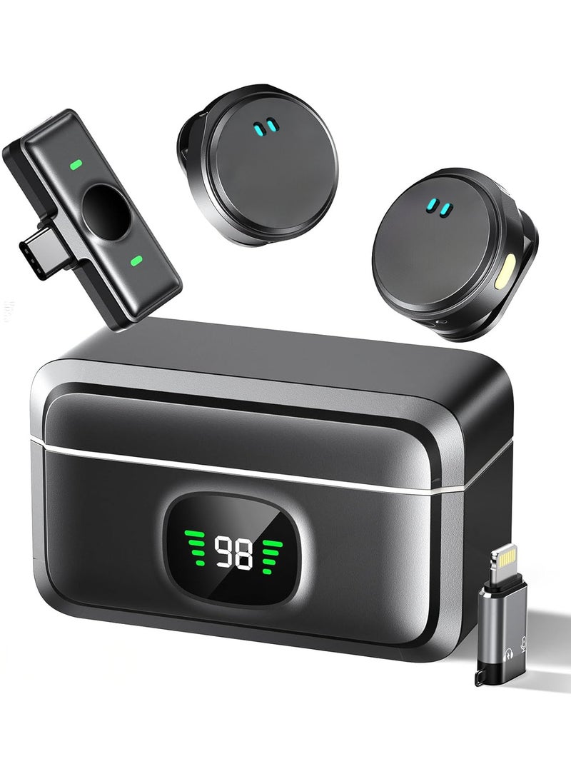 هيروكس ميكروفون لافالير لاسلكي لأجهزة iPhone/Android مع USB C (2 TX + 1RX + 1 محول Apple + حافظة شحن)، ميكروفون صغير مع خاصية إلغاء الضوضاء، بطارية طويلة، للمقابلات والبث وتسجيل الفيديو - Image 1