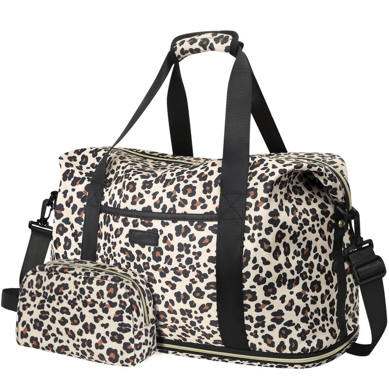 Capolo Expandable Travel Duffle Bag, Waterproof Weekender Overnight Bags for Women Men Hospital Bag for Women Labor Delivery Carry on Bag with Toiletry Bag for Travel Gym Airplanes(Leopard, X-Large) - Image 1
