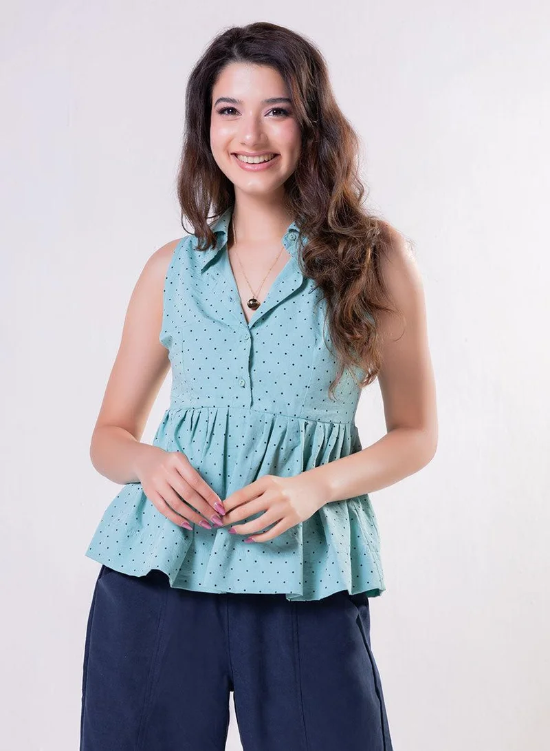 Zigzag Halter Neck Peplum Blue Top