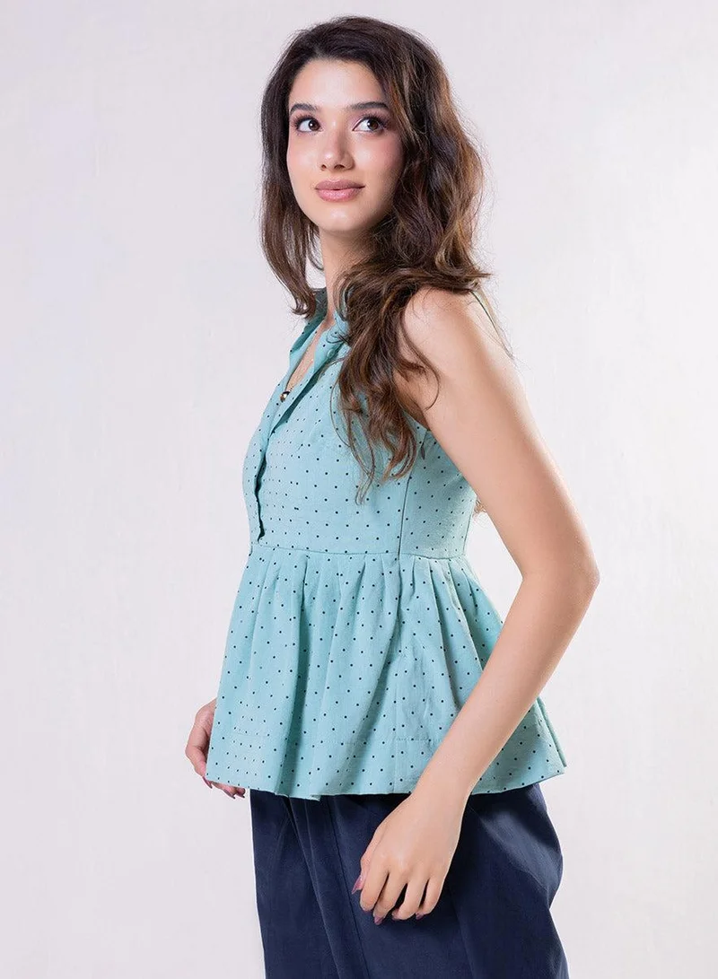 Zigzag Halter Neck Peplum Blue Top