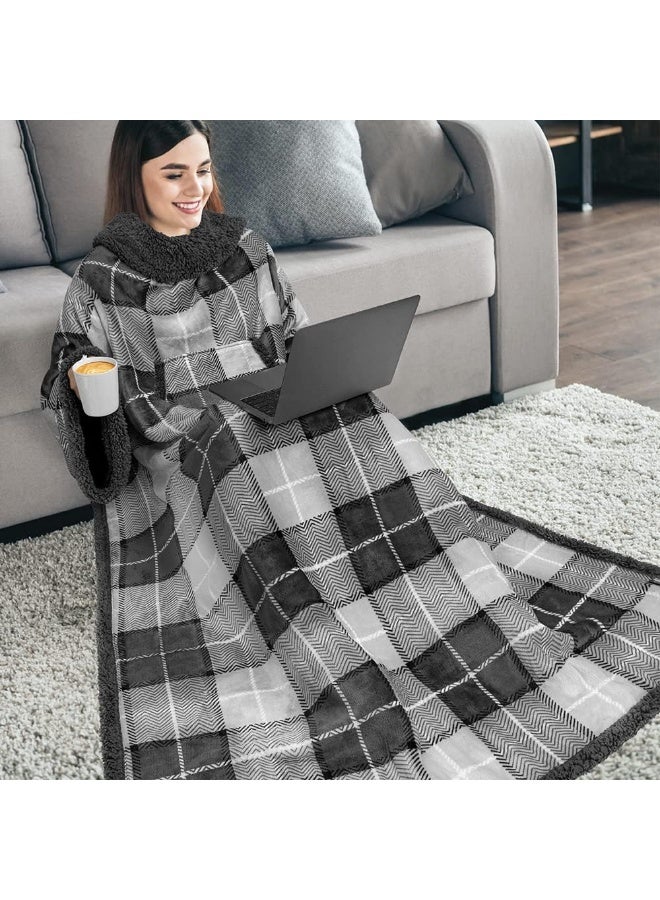 PAVILIA PAVILIA Sherpa Wearable Blanket with Sleeves and Pocket Plush Thick Cozy Body Blanket Wrap for Adult Women Men Christmas Gift for Wife Mom Plaid Grey  - Image 2