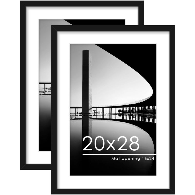 PEALSN 20x28 Picture Frame Set of 2 Display Pictures 16 x 24 with Mat or 20 x 28 Without Mat for Wall Mounting Display Poster Frames Black