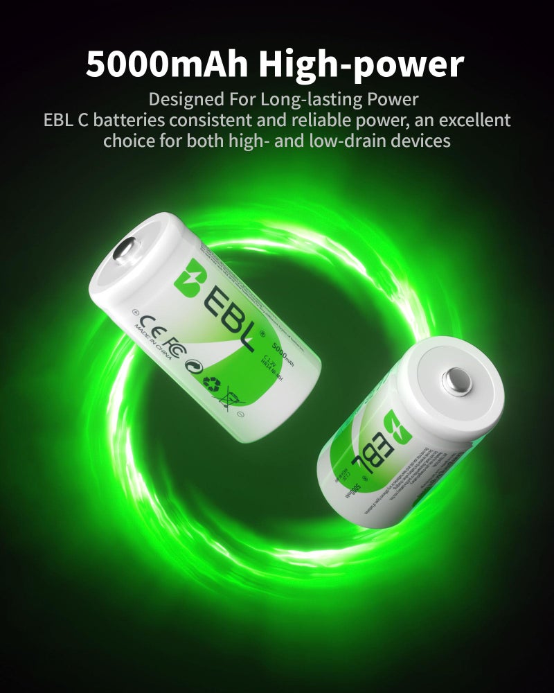 EBL C Batteries High Energy 5000mAh Ready2Use C Rechargeable Battery Cells, 4 Counts - Image 3