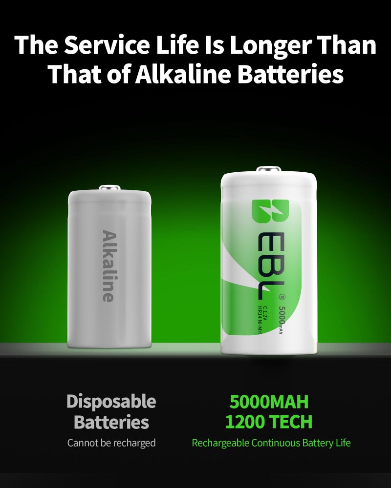 EBL C Batteries High Energy 5000mAh Ready2Use C Rechargeable Battery Cells, 4 Counts - Image 4
