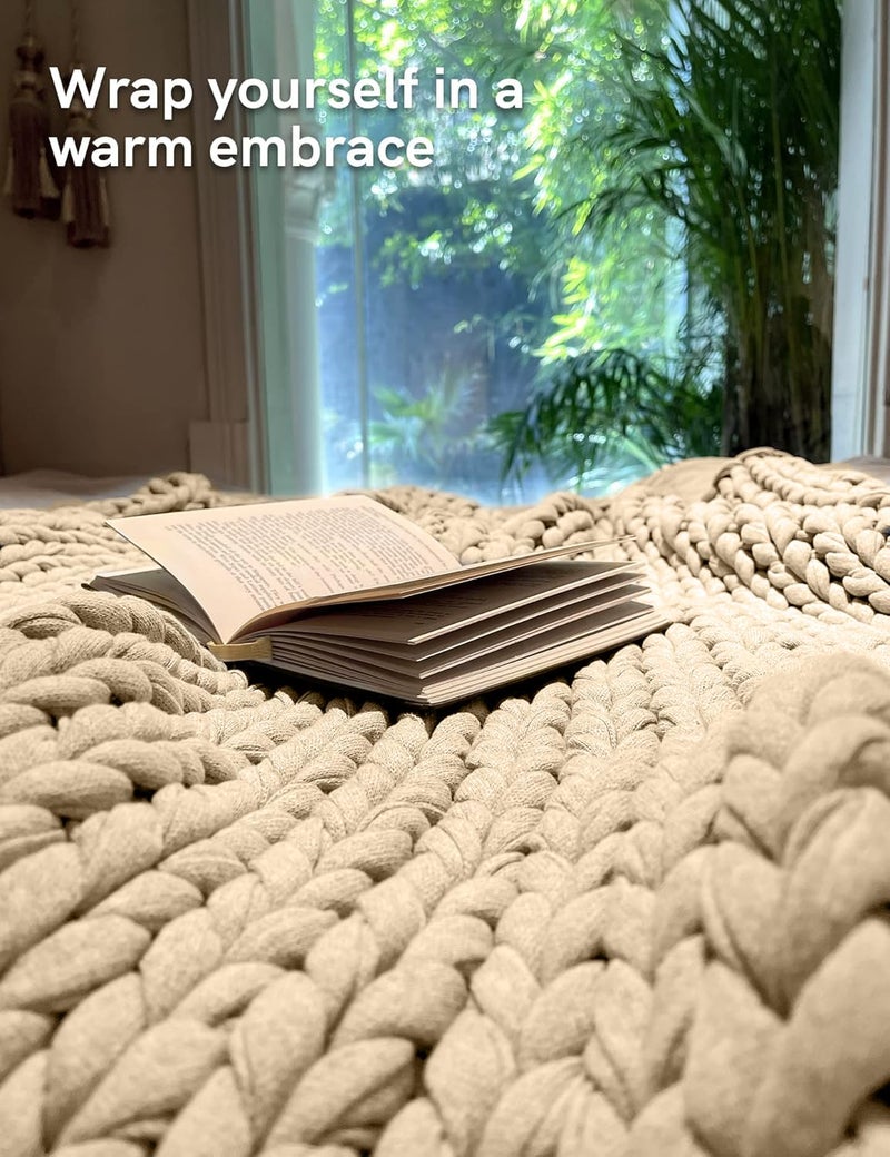 YnM Cotton Weighted Blanket, Handmade Chunky Knitted Design, Soft and Cozy, Temperature Regulating and Breathable, Machine Washable Throw for Sleep or Home Decor (Beige, 43x50 Inch, 10lbs) - Image 3