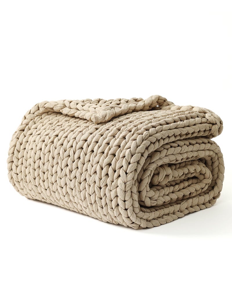 YnM Cotton Weighted Blanket, Handmade Chunky Knitted Design, Soft and Cozy, Temperature Regulating and Breathable, Machine Washable Throw for Sleep or Home Decor (Beige, 43x50 Inch, 10lbs) - Image 1