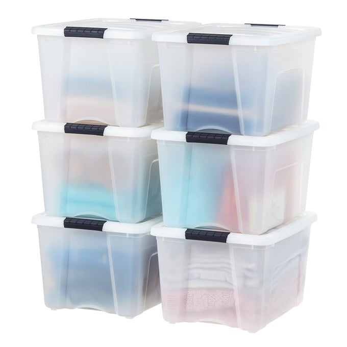 USA 40 QT STACKABLE PLASTIC STORAGE BINS WITH LIDS 6 PACK BPAFREE MADE IN USA DISCREET ORGANIZING SOLUTION LATCHES DURABLE NESTABLE CONTAINERS SECURE PULL HANDLE PEARL