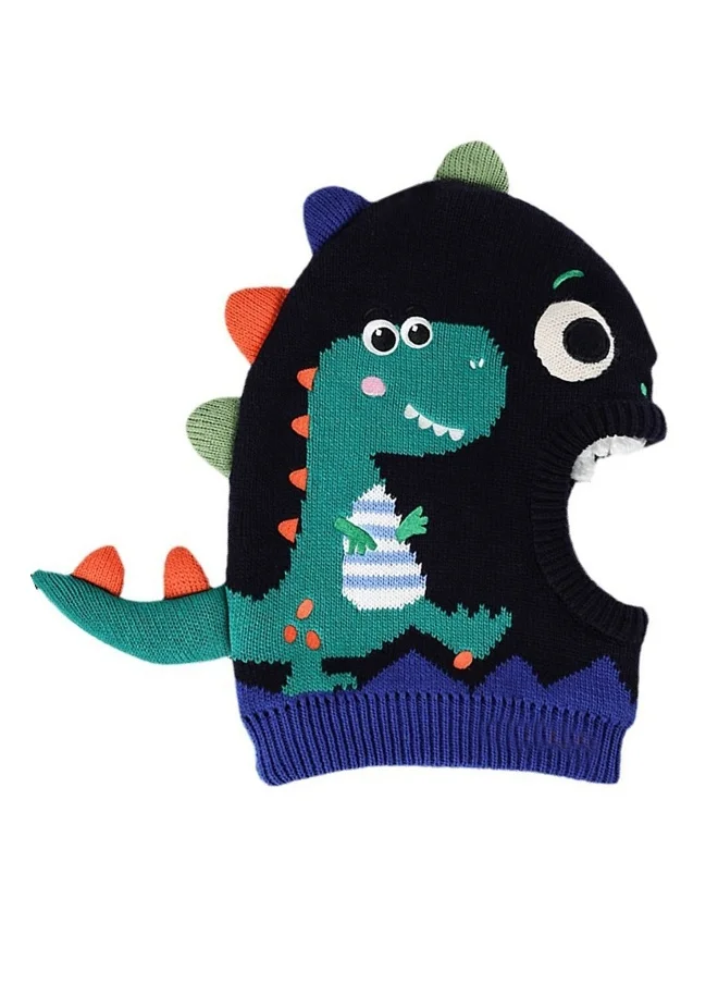 LITTLE SURPRISE BOX Knitted Blue Border Dino theme Winter Cap covering  Neck Ears and Head for Minus degree Temperature5 yrs and above