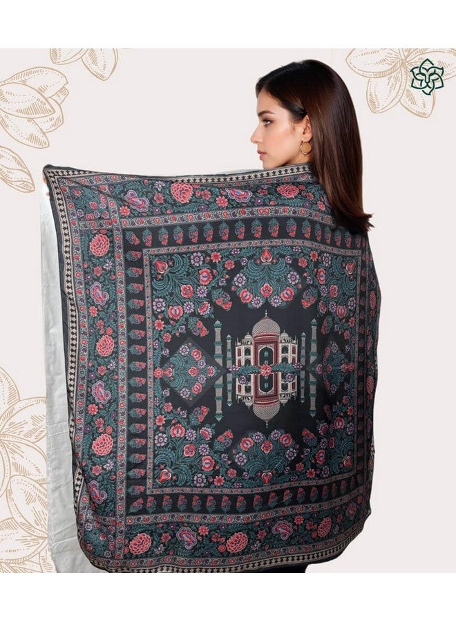MaatirDesigns Decorative Square Scarf with Taj Mahal Print, Floral Pattern, Teal and Pink - Image 2