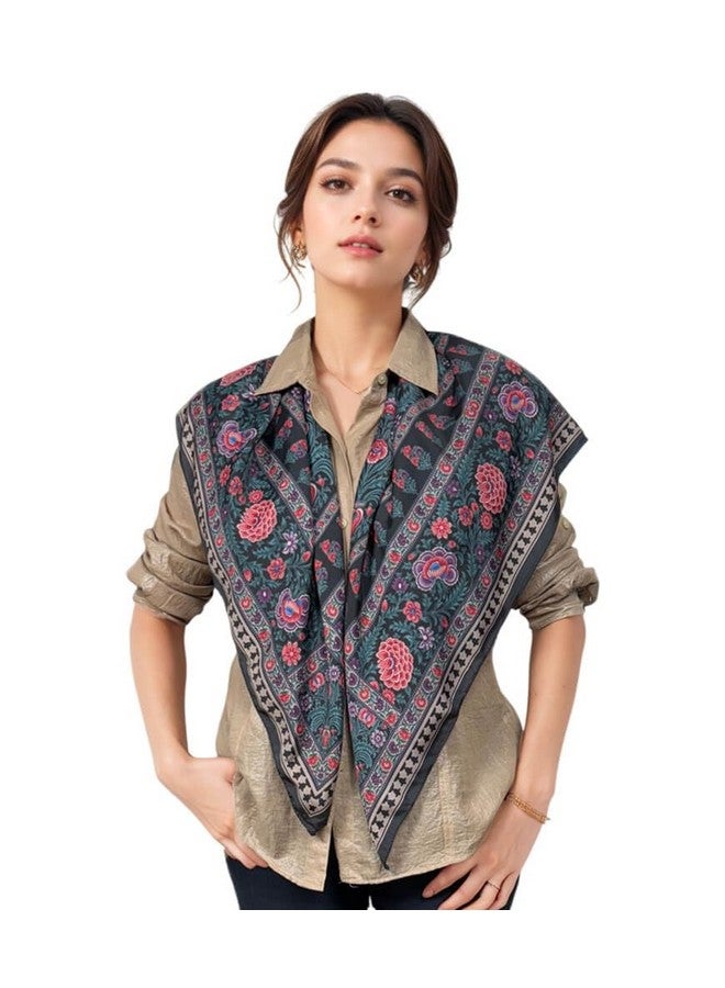 MaatirDesigns Decorative Square Scarf with Taj Mahal Print, Floral Pattern, Teal and Pink - Image 1