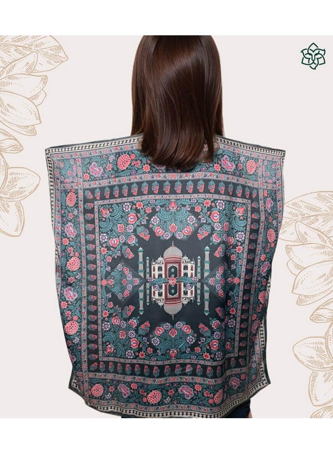 MaatirDesigns Decorative Square Scarf with Taj Mahal Print, Floral Pattern, Teal and Pink - Image 4