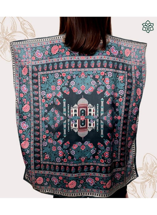 MaatirDesigns Decorative Square Scarf with Taj Mahal Print, Floral Pattern, Teal and Pink - Image 5