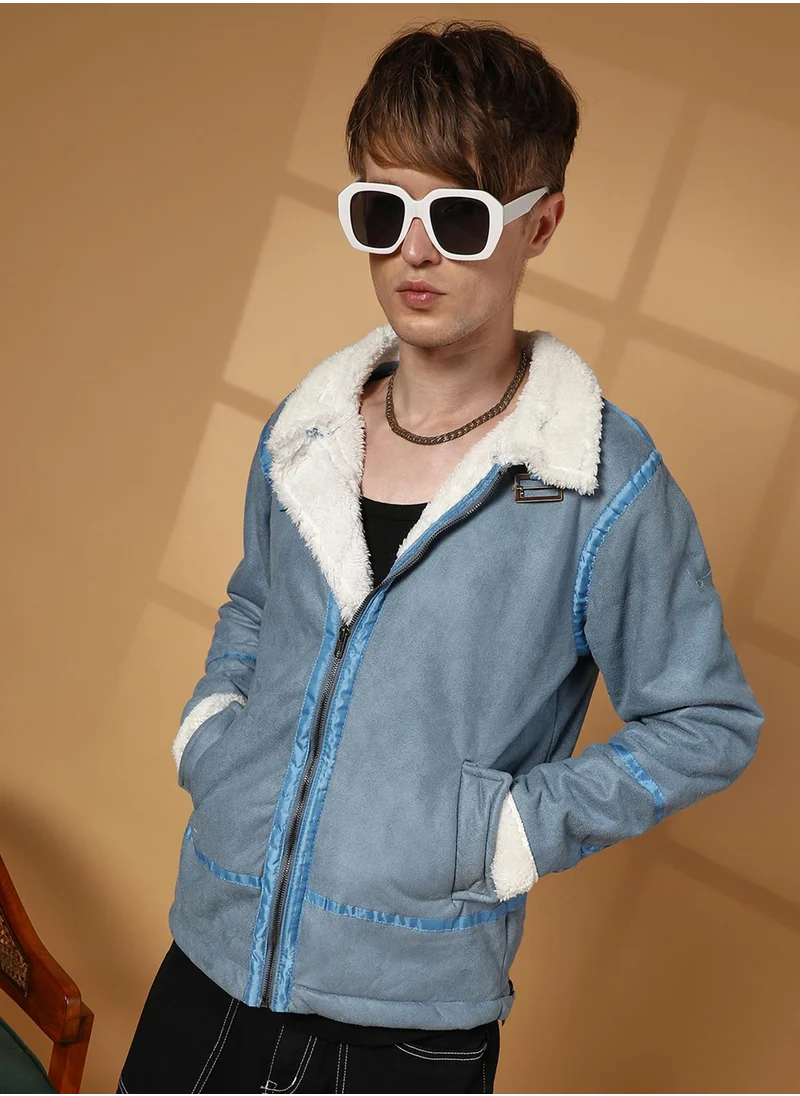 كامبوس سوترا Men's Icy Blue & Chalk White Fleece Lined Biker Jacket