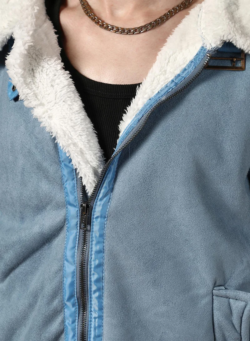 Campus Sutra Men's Icy Blue & Chalk White Fleece Lined Biker Jacket