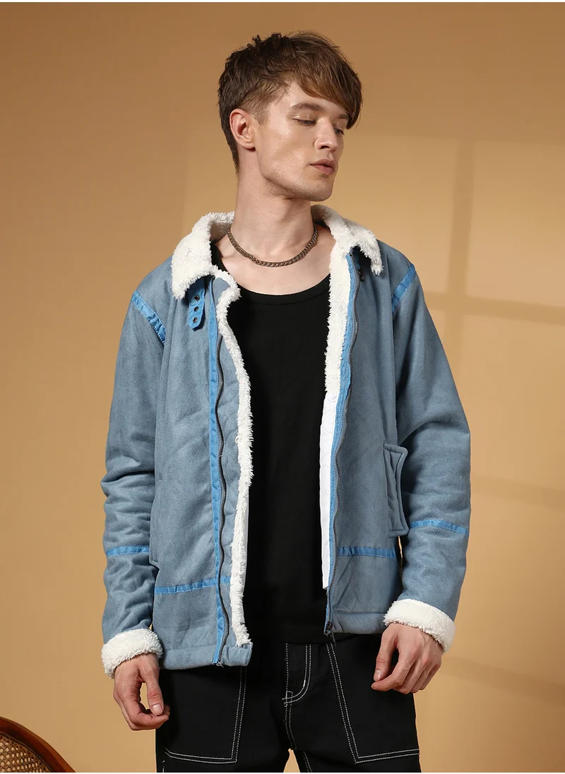 كامبوس سوترا Men's Icy Blue & Chalk White Fleece Lined Biker Jacket