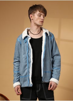 Campus Sutra Men's Icy Blue & Chalk White Fleece Lined Biker Jacket  - Image 2