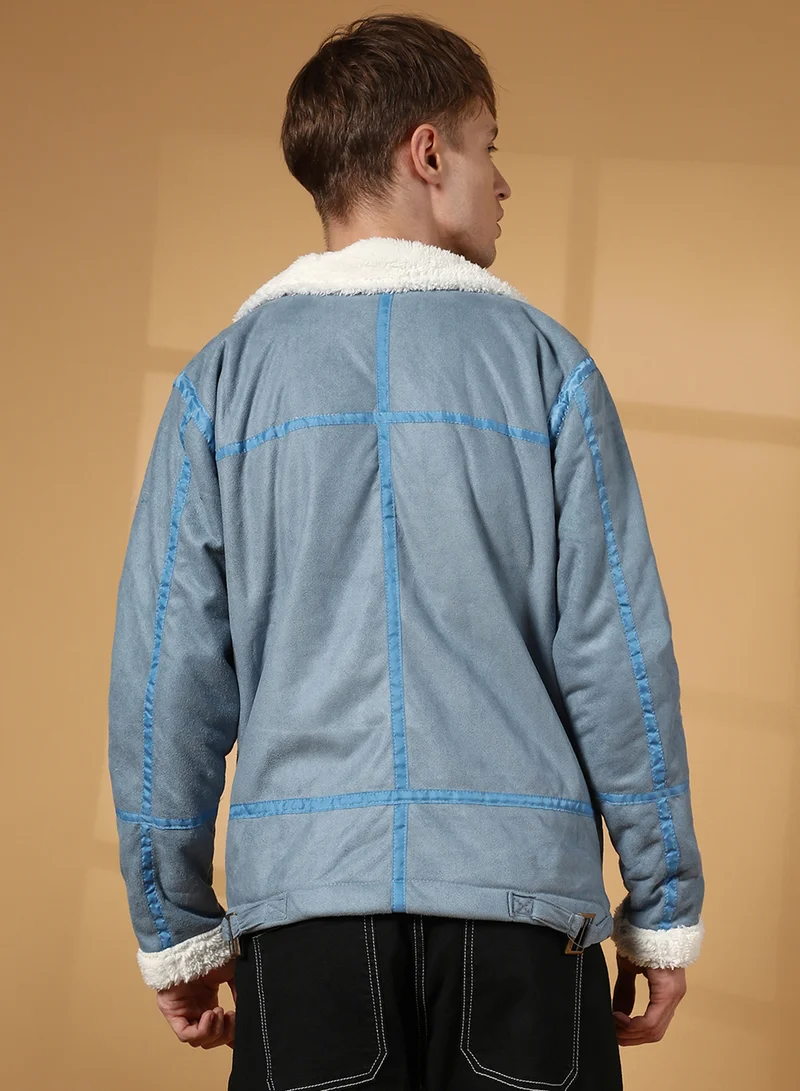 Campus Sutra Men's Icy Blue & Chalk White Fleece Lined Biker Jacket