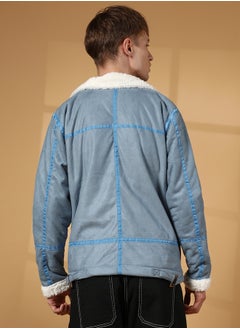 Campus Sutra Men's Icy Blue & Chalk White Fleece Lined Biker Jacket  - Image 5