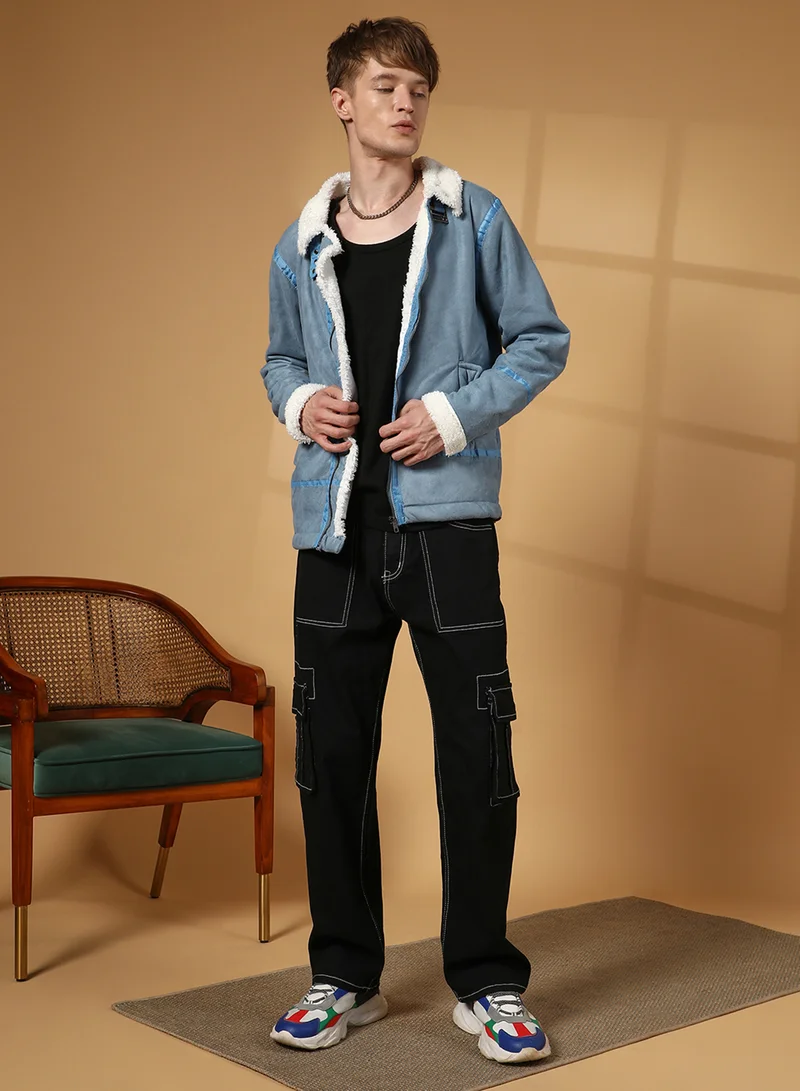 Campus Sutra Men's Icy Blue & Chalk White Fleece Lined Biker Jacket
