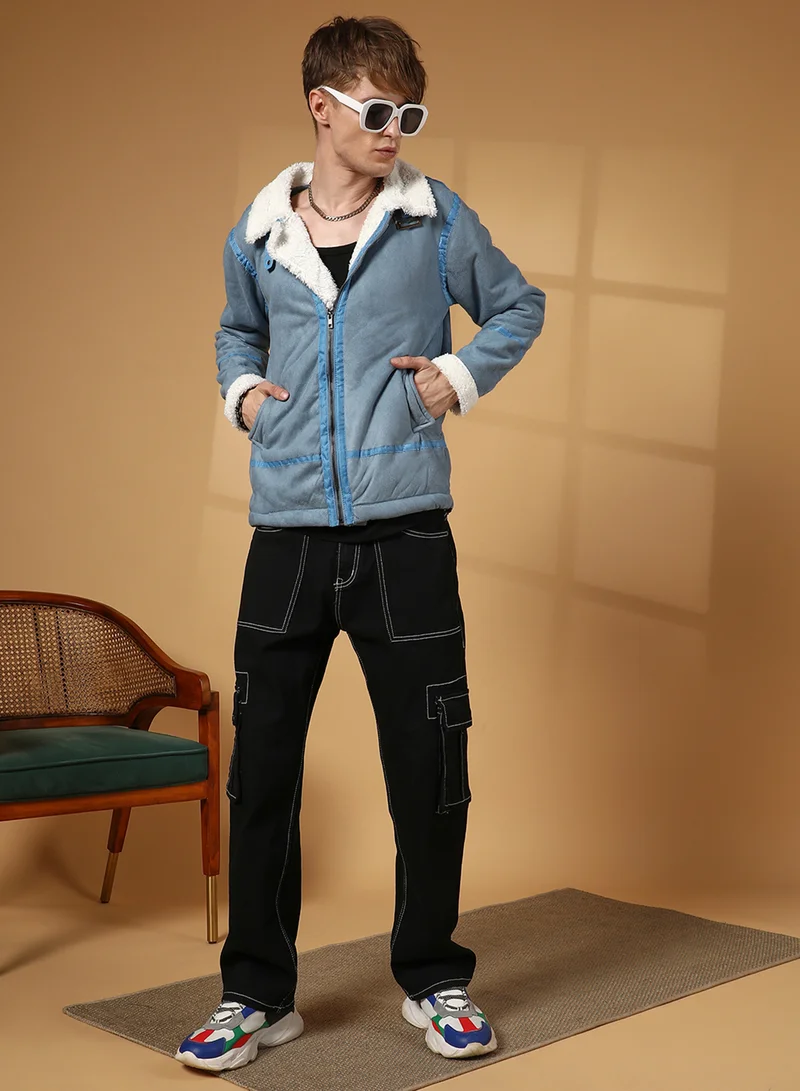 Campus Sutra Men's Icy Blue & Chalk White Fleece Lined Biker Jacket