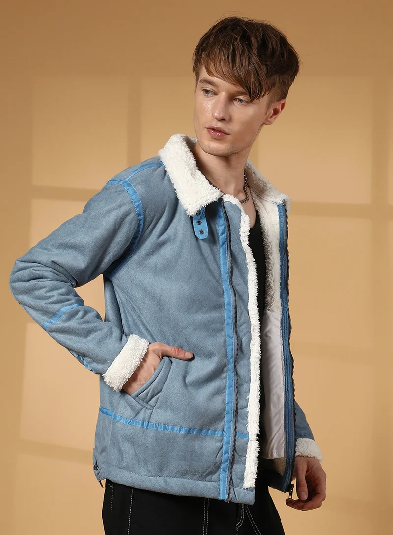 Campus Sutra Men's Icy Blue & Chalk White Fleece Lined Biker Jacket