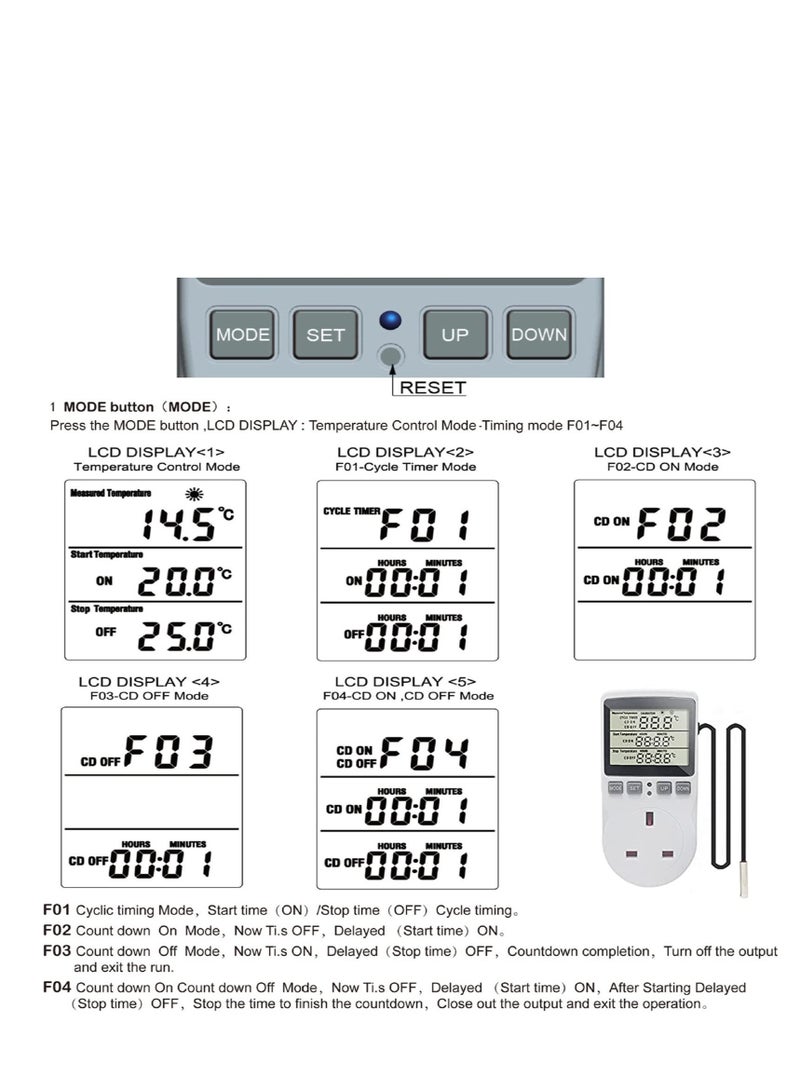 SYOSI Digital Thermostat Temperature Controller Socket Outlet 230V 16A Timer Switch Plug with 1.7m Sensor Heating Refrigerator Thermostat Regulator for Greenhouse Reptile Terrarium Home - Image 5