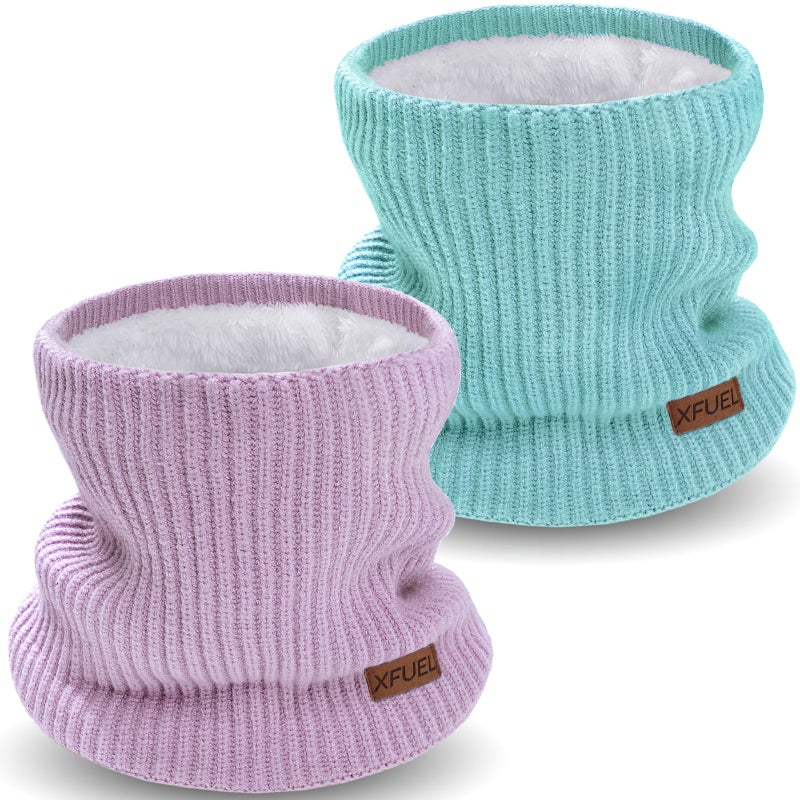 XFUEL Kids Neck Warmer, 2 Pack, Knitted Winter Neck Gaiter, Fleece Lined Infinity Scarf for Boys Girls (sky blue,purple) - Image 1