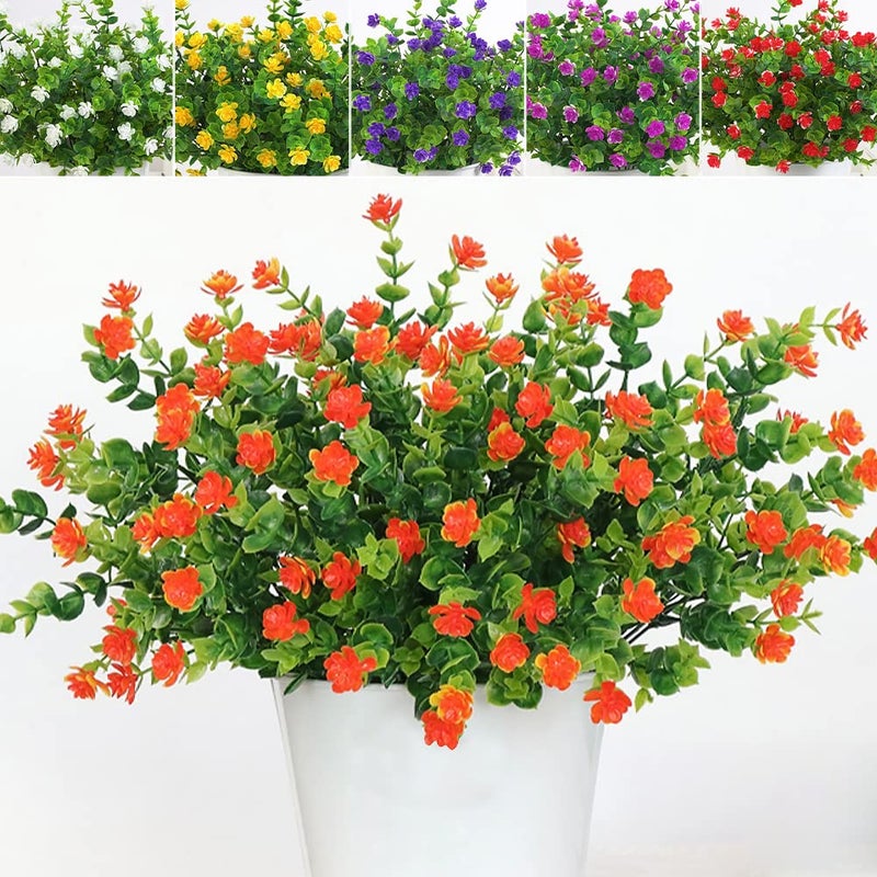 fazhongfa 12 Bundles Artificial Flowers Outdoor Fake Plant UV Resistant Faux Plastic Greenery Shrubs Plants for Garden Porch Hanging Planter Window Patio Farmhouse Decoration Real Looking OrangeRed