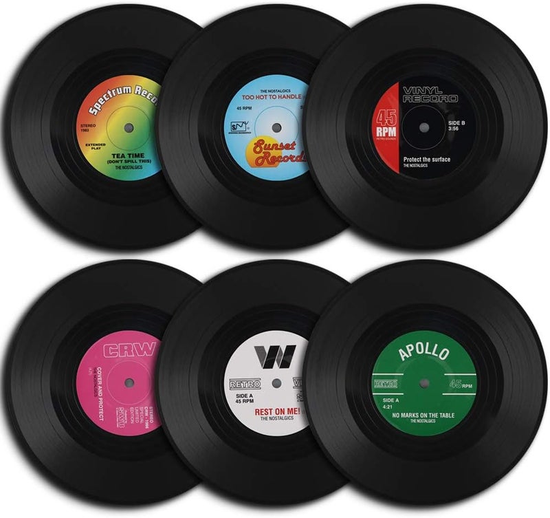 homEdge Vinyl Record Coasters 6 Pieces of Retro Style Vinyl Coasters - Image 1
