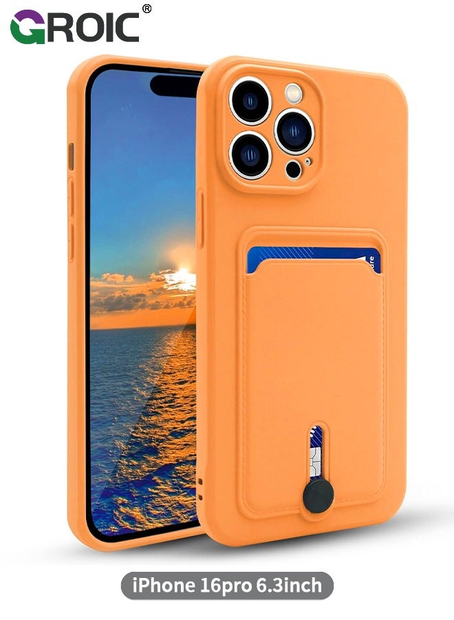 GROIC iPhone 16 Pro Orange Silicone Case with Card Holder, Frosted TPU Soft Case Wallet with Card Slot Shockproof Full Coverage Lens Protective Cover  - Image 1