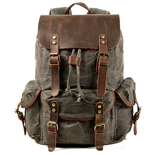 WUDON Leather Backpack for Men, Waxed Canvas Shoulder Rucksack Carry-On Travel Backpack (Grey) - Image 1