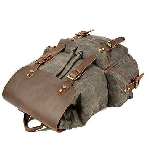 WUDON Leather Backpack for Men, Waxed Canvas Shoulder Rucksack Carry-On Travel Backpack (Grey) - Image 4