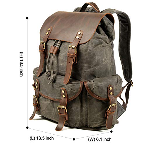 WUDON Leather Backpack for Men, Waxed Canvas Shoulder Rucksack Carry-On Travel Backpack (Grey) - Image 2