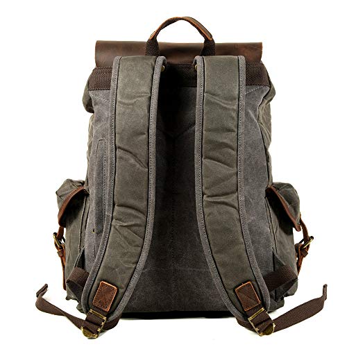 WUDON Leather Backpack for Men, Waxed Canvas Shoulder Rucksack Carry-On Travel Backpack (Grey) - Image 3