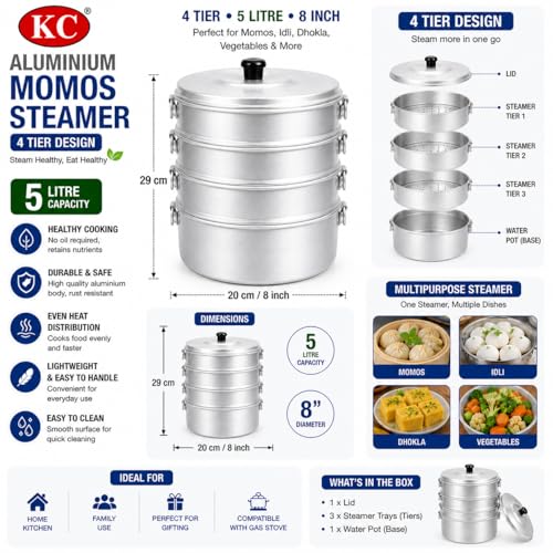 KC Aluminium Momos Steamer 4 Tier with 5 Liters Capacity and 8 Inches Diameter - Image 3