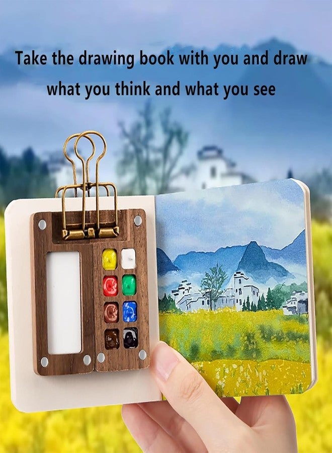 Parssufy Pocket Artist Watercolor Travel Set, Wooden Paint Palette Travel Kit, Mini Portable Watercolor Palette with Clip for Artists Painters (12 Colors 8 Grid Set,1Brush Pen,1Brush & Sketchbook) - Image 2