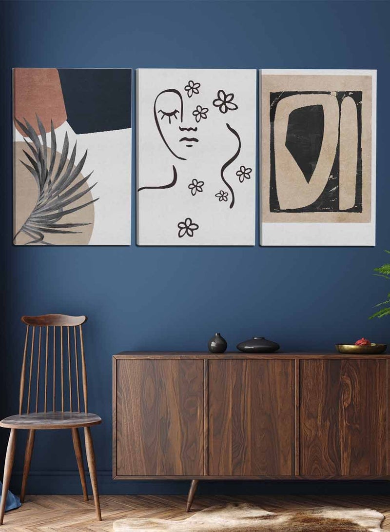 لوحة طقم من ٣ لوحات كانفاس على إطار خشبي، تصميم امرأة وزهور وأوراق نباتية، للمنزل، غرفة المعيشة، المكتب، الديكور - Image 3